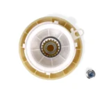 Top-down view of a washer drive pulley assembly with integrated gear teeth, featuring a plastic and metal construction, shown alongside a securing nut on a white background