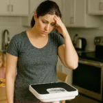 A tired mom in workout clothes stands on a bathroom scale, looking frustrated — highlighting real-life challenges and common weight loss mistakes many moms face.