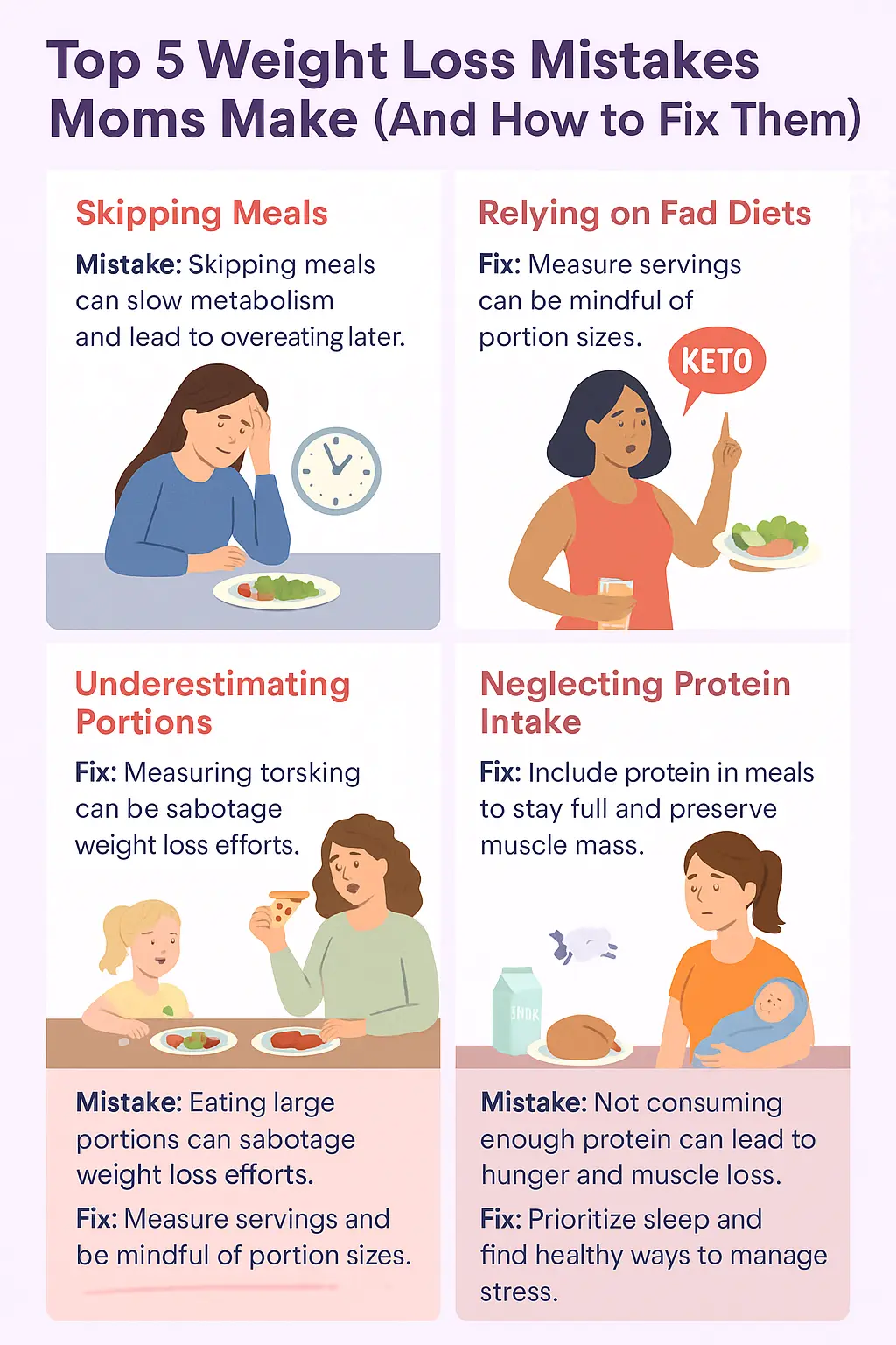 Top 5 Weight Loss Mistakes Moms Make (And How to Fix Them),” showing illustrated sections for skipping meals, relying on fad diets, underestimating portions, neglecting protein intake, and the importance of sleep and stress management—each paired with visual icons and practical fixes for moms aiming to lose weight effectively